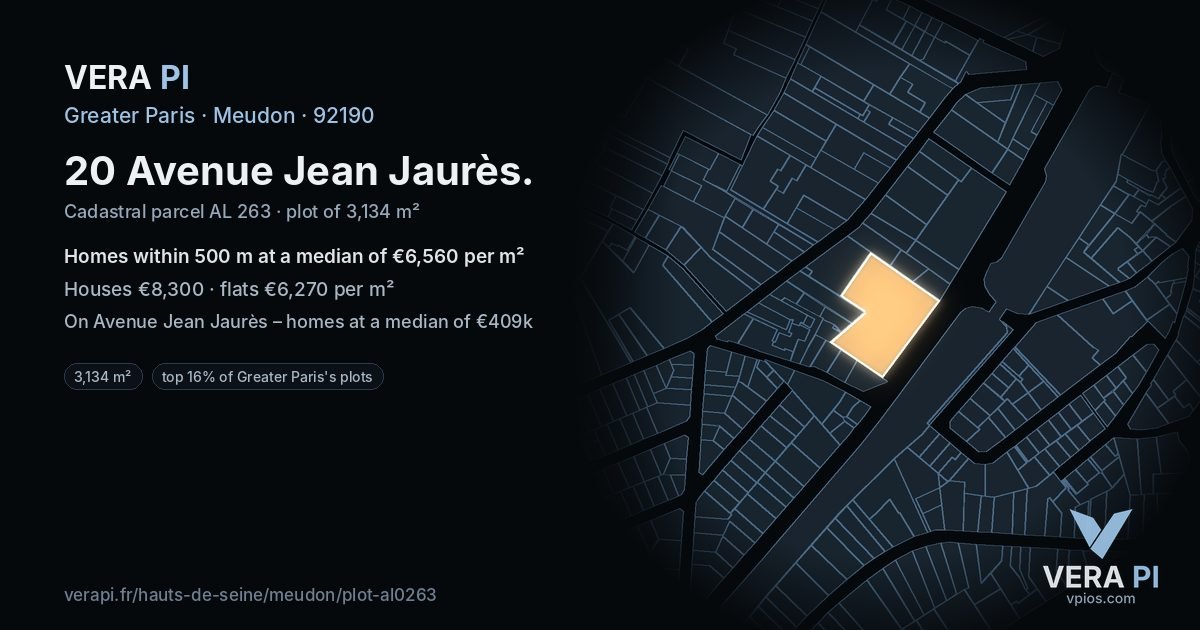 20 Avenue Jean Jaurès, Meudon at night – the plot lit, the parcels around coloured by the prices near them