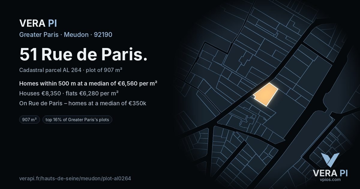 51 Rue de Paris, Meudon at night – the plot lit, the parcels around coloured by the prices near them