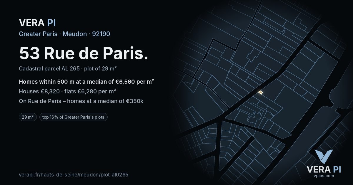 53 Rue de Paris, Meudon at night – the plot lit, the parcels around coloured by the prices near them