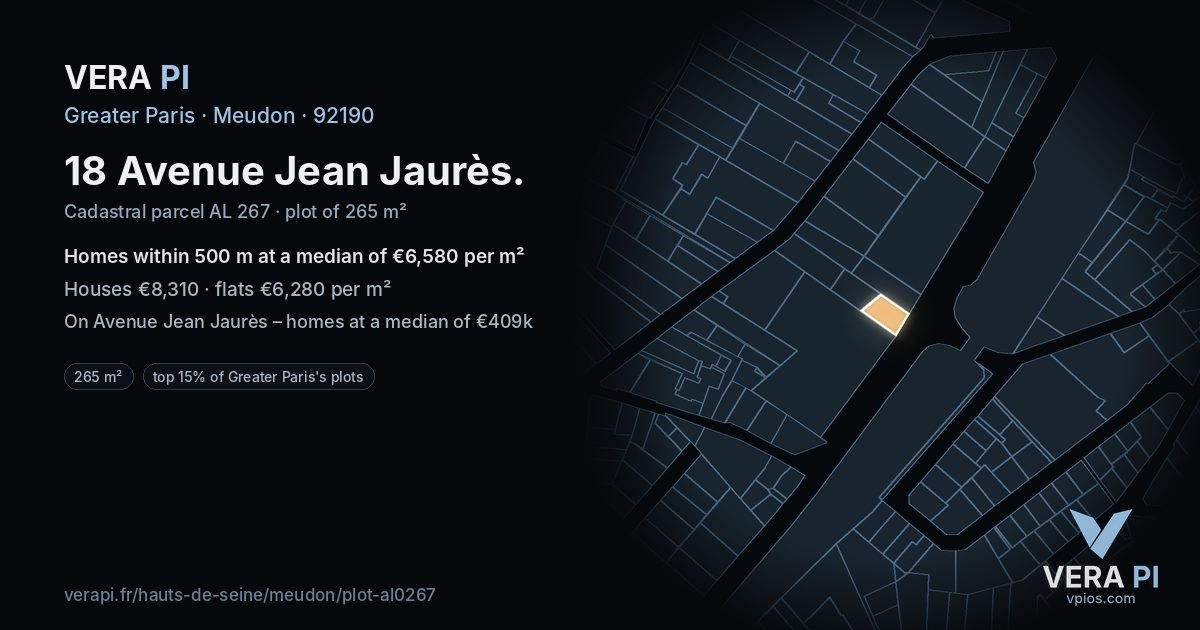 18 Avenue Jean Jaurès, Meudon at night – the plot lit, the parcels around coloured by the prices near them