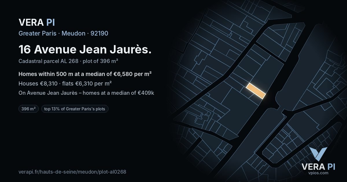 16 Avenue Jean Jaurès, Meudon at night – the plot lit, the parcels around coloured by the prices near them