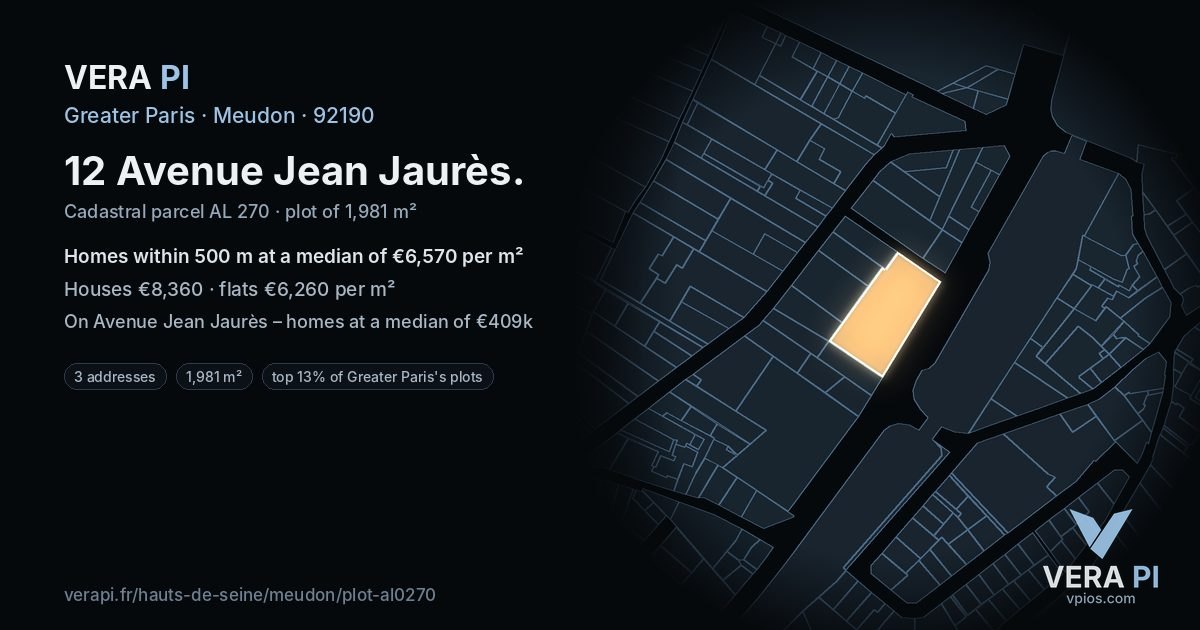 12 Avenue Jean Jaurès, Meudon at night – the plot lit, the parcels around coloured by the prices near them