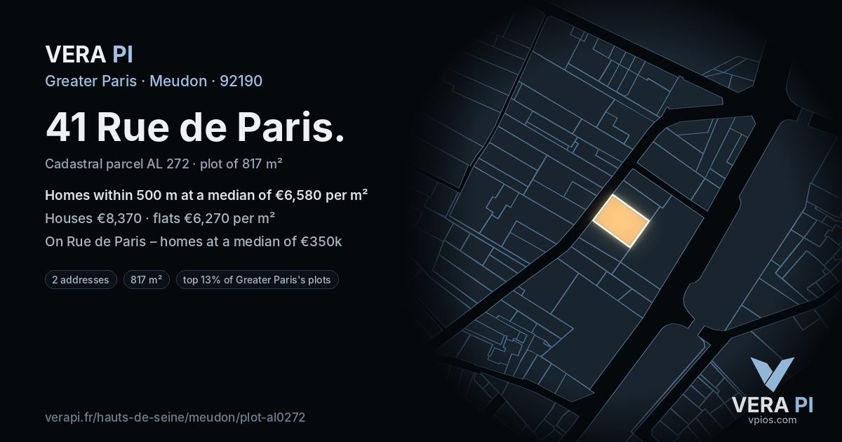 41 Rue de Paris, Meudon at night – the plot lit, the parcels around coloured by the prices near them