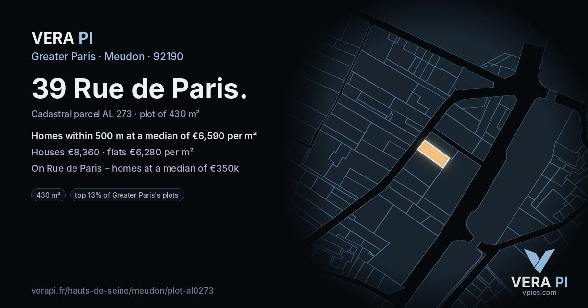 39 Rue de Paris, Meudon at night – the plot lit, the parcels around coloured by the prices near them