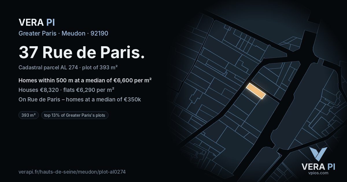 37 Rue de Paris, Meudon at night – the plot lit, the parcels around coloured by the prices near them
