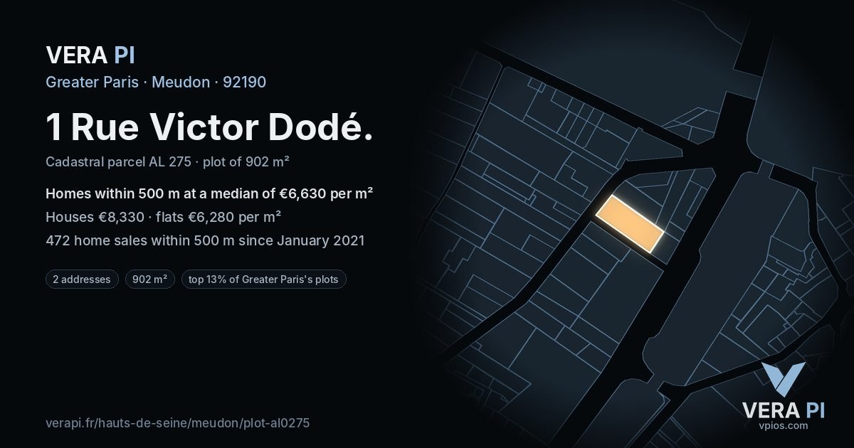 1 Rue Victor Dodé, Meudon at night – the plot lit, the parcels around coloured by the prices near them