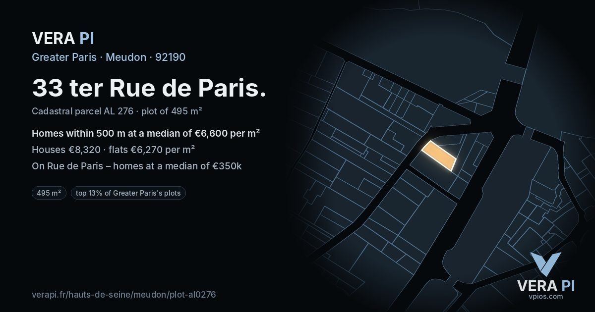 33 ter Rue de Paris, Meudon at night – the plot lit, the parcels around coloured by the prices near them