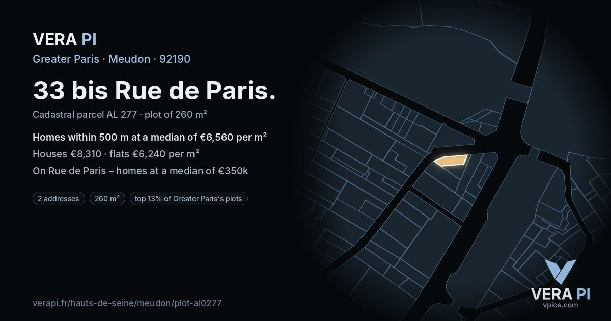 33 bis Rue de Paris, Meudon at night – the plot lit, the parcels around coloured by the prices near them