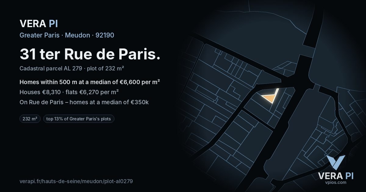 31 ter Rue de Paris, Meudon at night – the plot lit, the parcels around coloured by the prices near them
