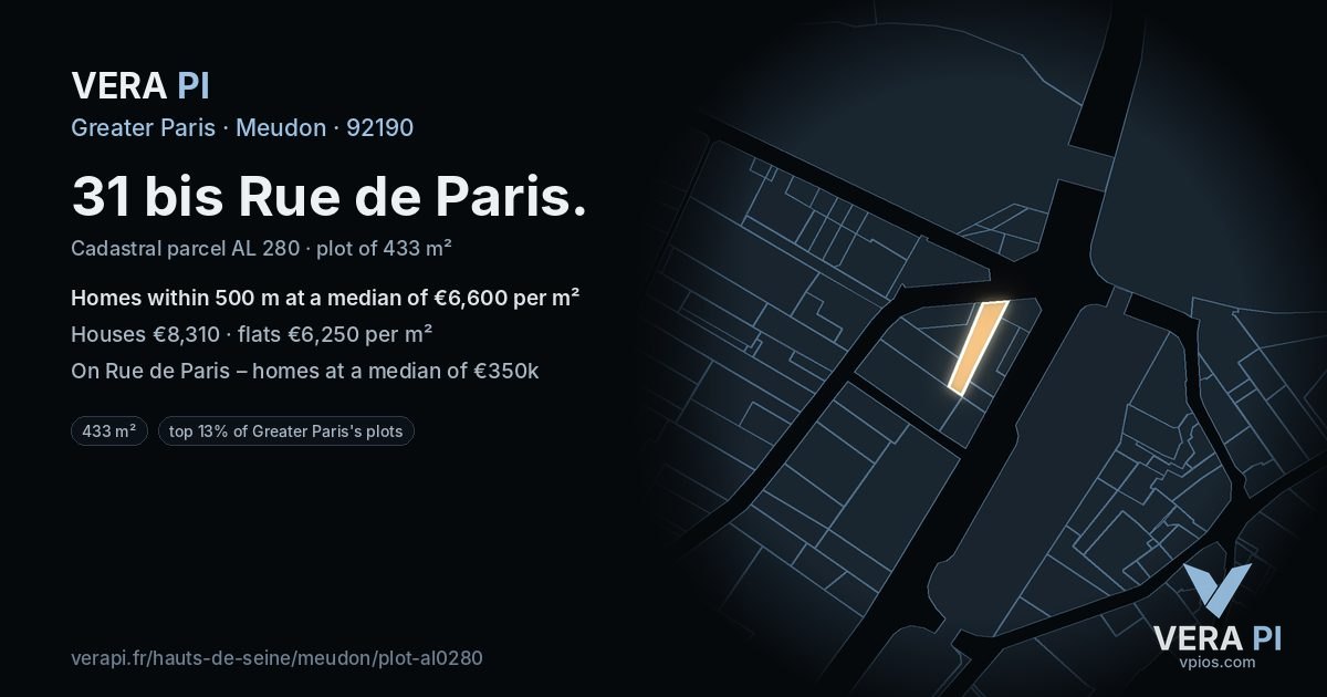 31 bis Rue de Paris, Meudon at night – the plot lit, the parcels around coloured by the prices near them