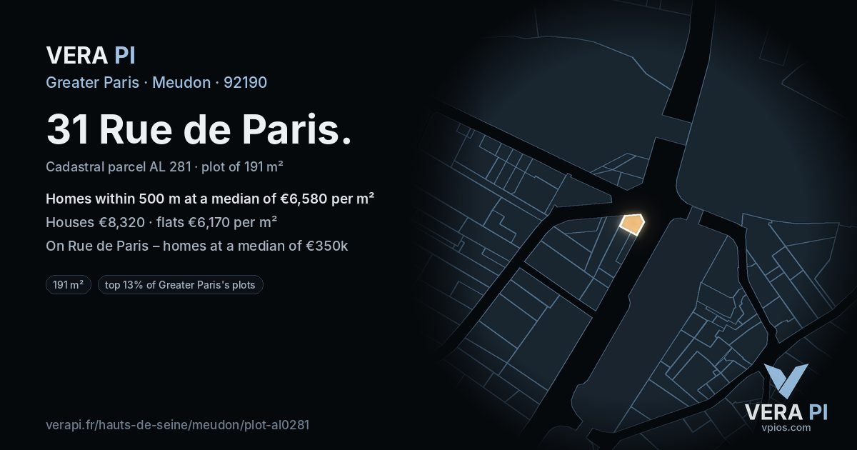 31 Rue de Paris, Meudon at night – the plot lit, the parcels around coloured by the prices near them