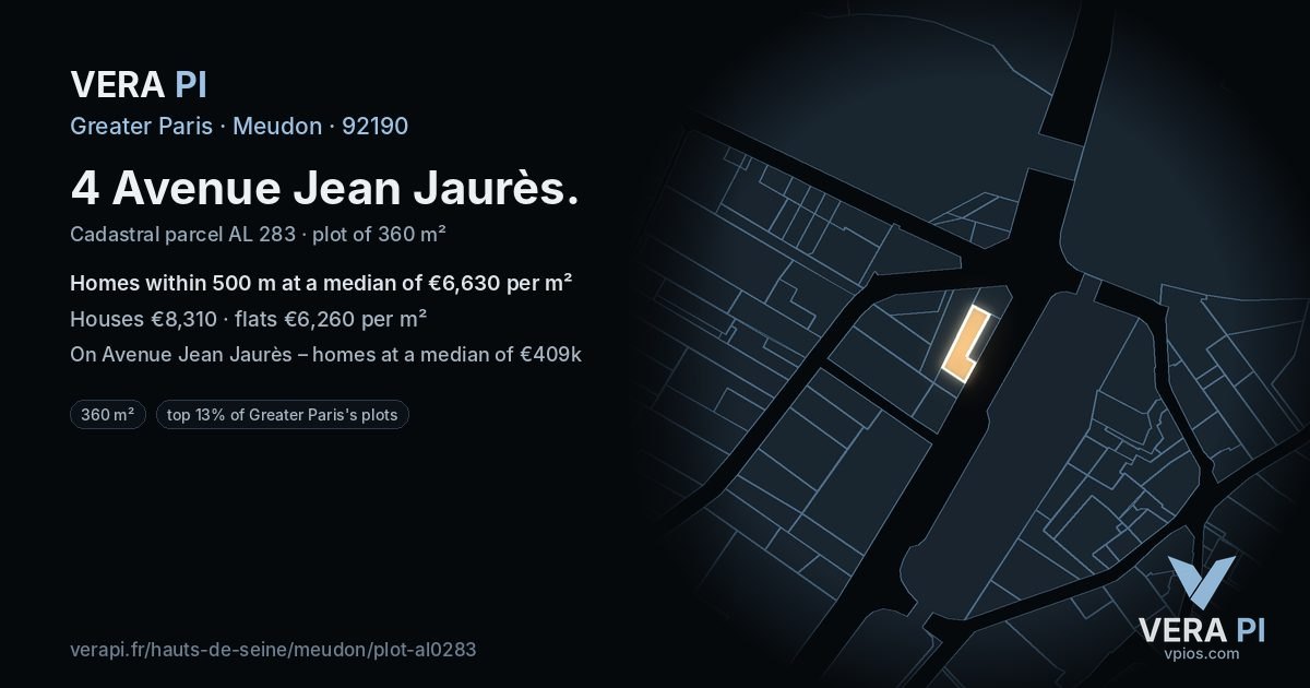 4 Avenue Jean Jaurès, Meudon at night – the plot lit, the parcels around coloured by the prices near them