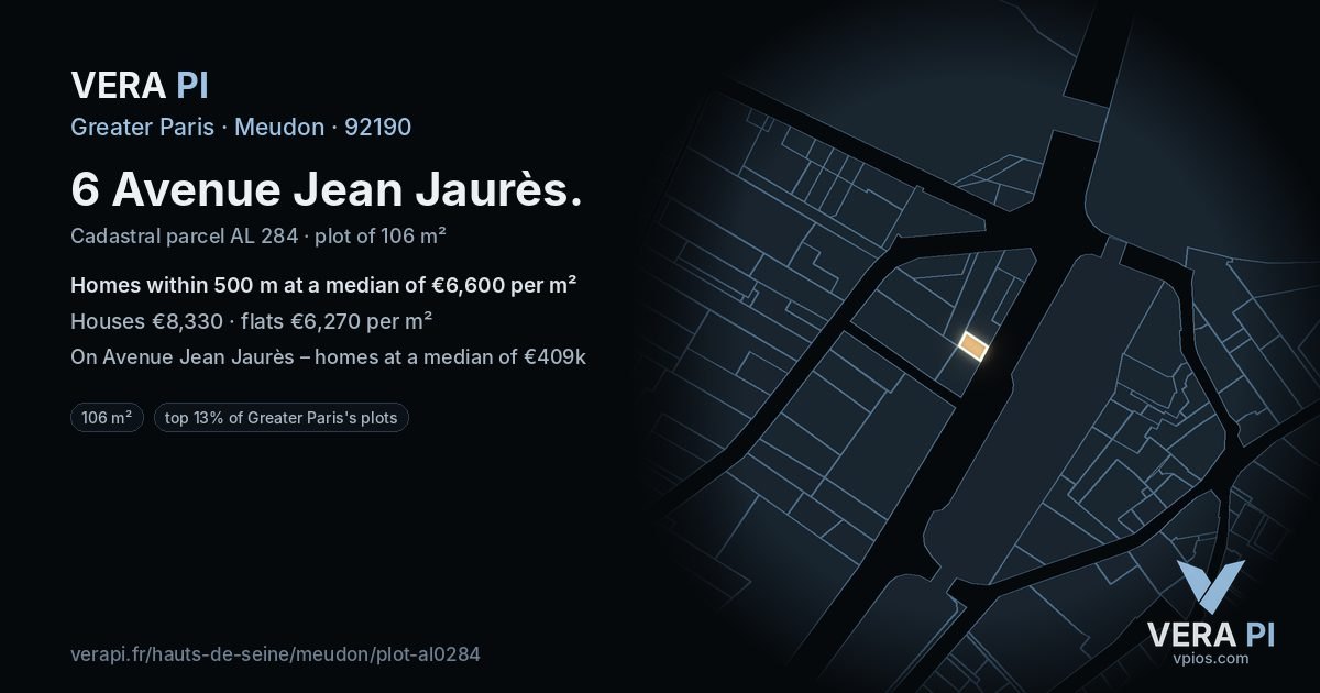 6 Avenue Jean Jaurès, Meudon at night – the plot lit, the parcels around coloured by the prices near them