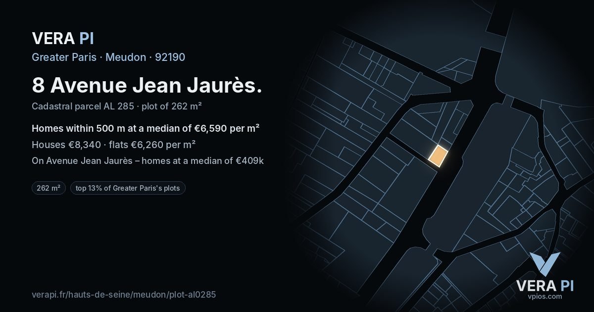 8 Avenue Jean Jaurès, Meudon at night – the plot lit, the parcels around coloured by the prices near them