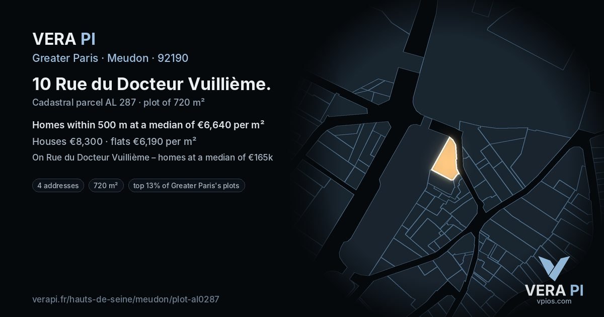 10 Rue du Docteur Vuillième, Meudon at night – the plot lit, the parcels around coloured by the prices near them