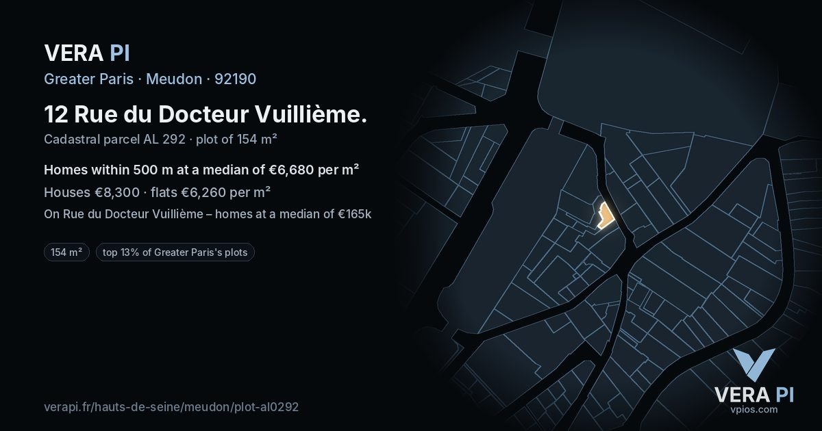 12 Rue du Docteur Vuillième, Meudon at night – the plot lit, the parcels around coloured by the prices near them