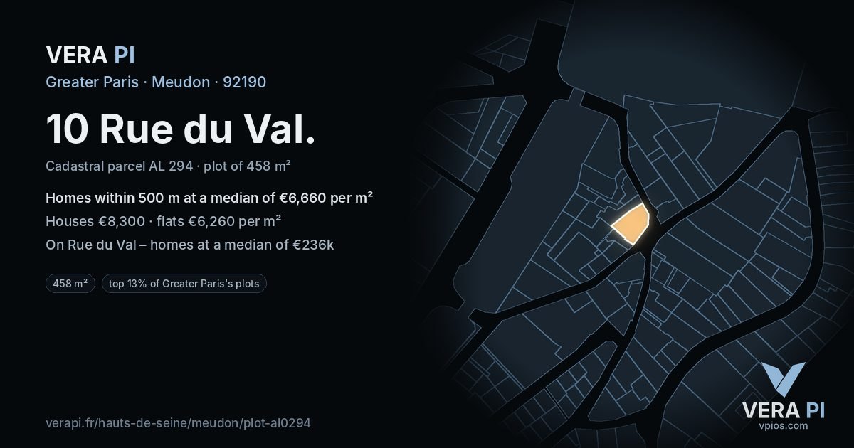 10 Rue du Val, Meudon at night – the plot lit, the parcels around coloured by the prices near them