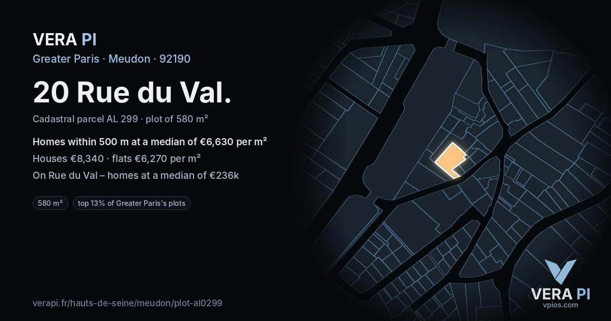20 Rue du Val, Meudon at night – the plot lit, the parcels around coloured by the prices near them