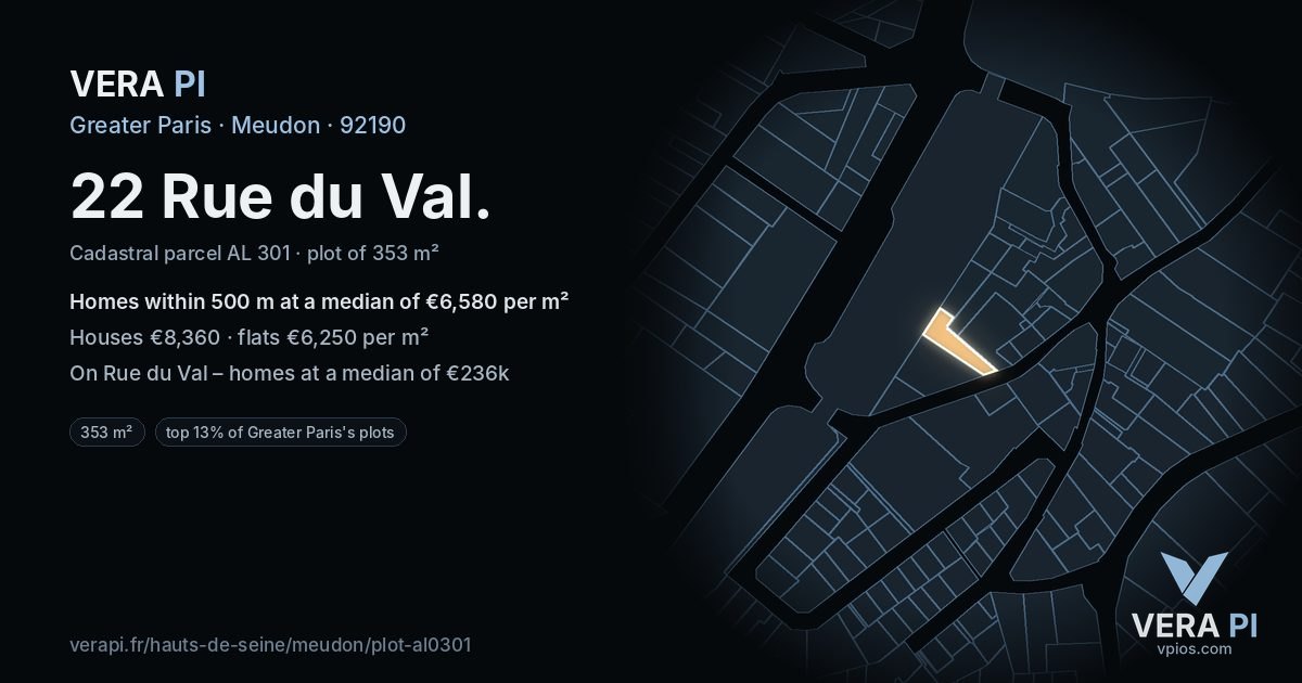 22 Rue du Val, Meudon at night – the plot lit, the parcels around coloured by the prices near them