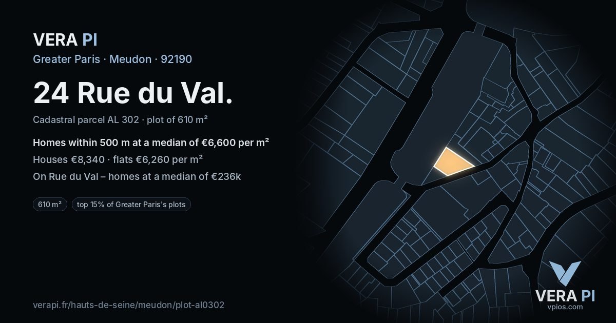 24 Rue du Val, Meudon at night – the plot lit, the parcels around coloured by the prices near them
