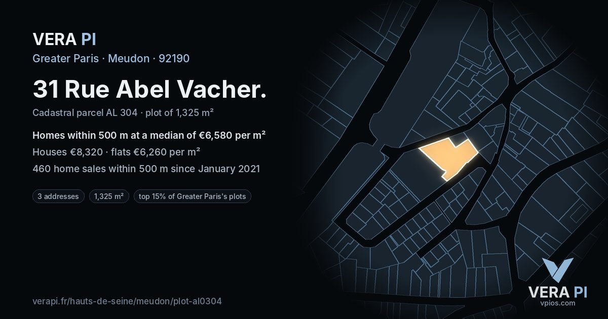 31 Rue Abel Vacher, Meudon at night – the plot lit, the parcels around coloured by the prices near them