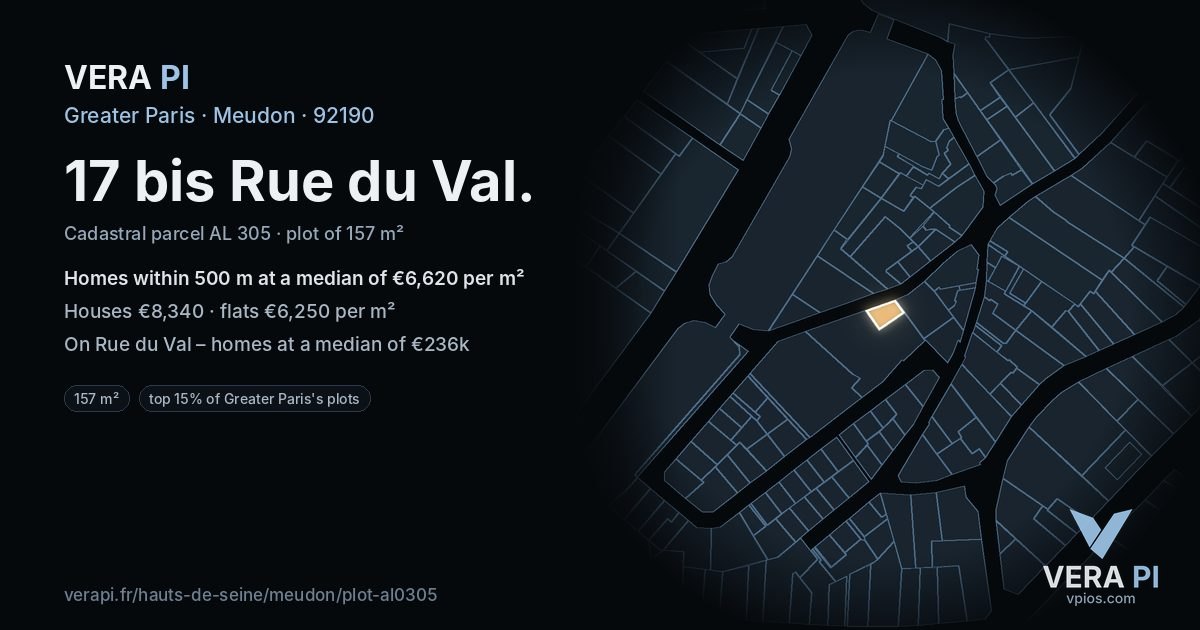 17 bis Rue du Val, Meudon at night – the plot lit, the parcels around coloured by the prices near them