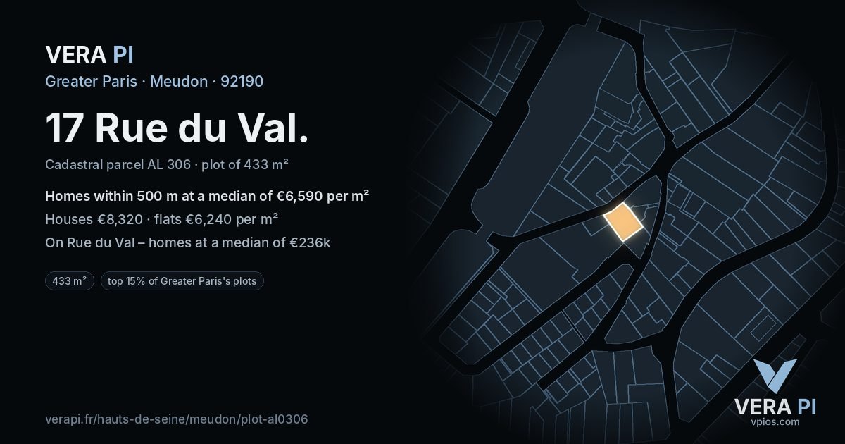17 Rue du Val, Meudon at night – the plot lit, the parcels around coloured by the prices near them