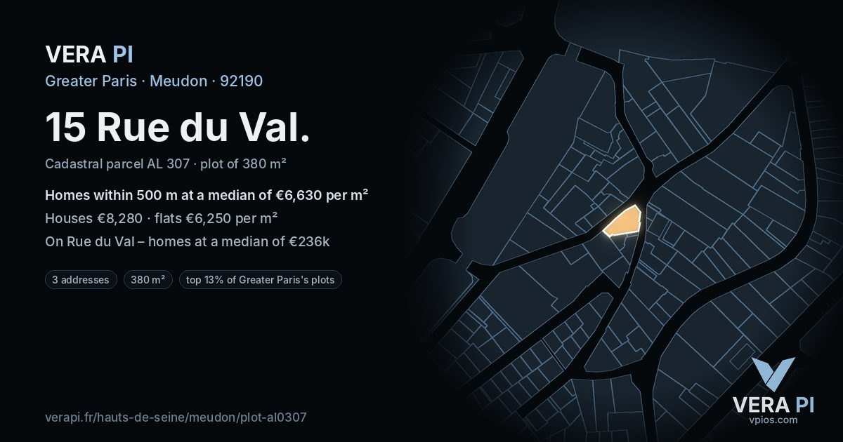 15 Rue du Val, Meudon at night – the plot lit, the parcels around coloured by the prices near them