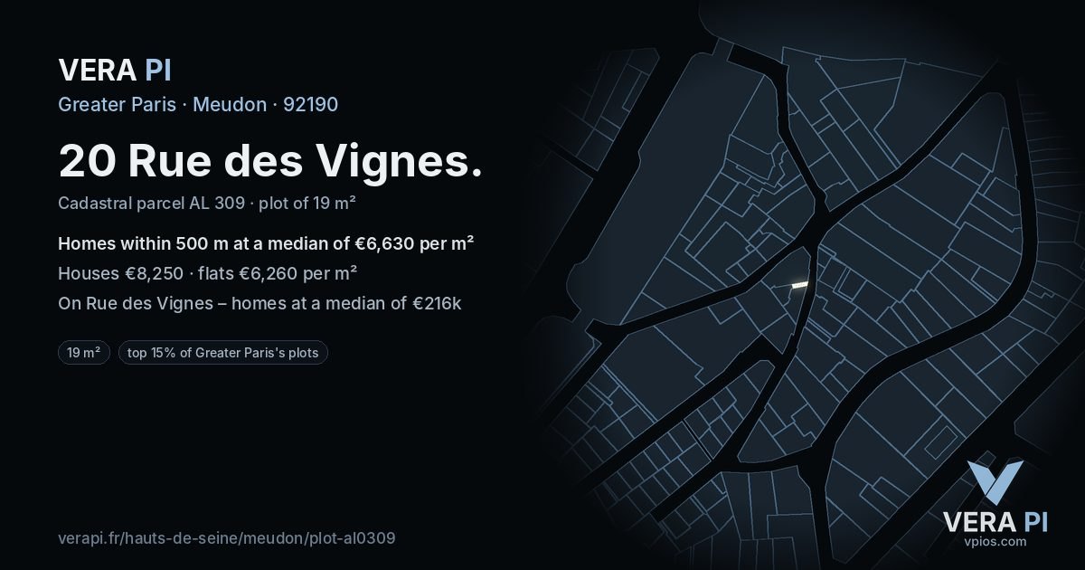20 Rue des Vignes, Meudon at night – the plot lit, the parcels around coloured by the prices near them