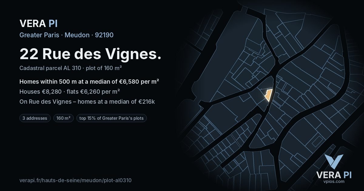 22 Rue des Vignes, Meudon at night – the plot lit, the parcels around coloured by the prices near them