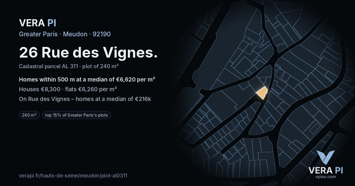 26 Rue des Vignes, Meudon at night – the plot lit, the parcels around coloured by the prices near them
