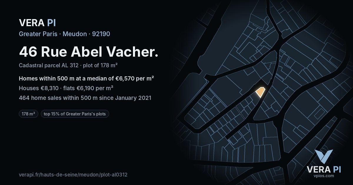 46 Rue Abel Vacher, Meudon at night – the plot lit, the parcels around coloured by the prices near them