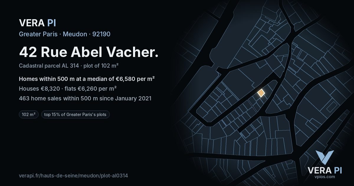 42 Rue Abel Vacher, Meudon at night – the plot lit, the parcels around coloured by the prices near them