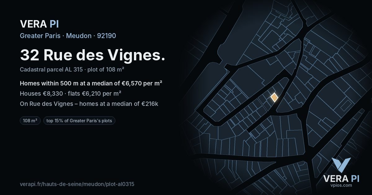32 Rue des Vignes, Meudon at night – the plot lit, the parcels around coloured by the prices near them