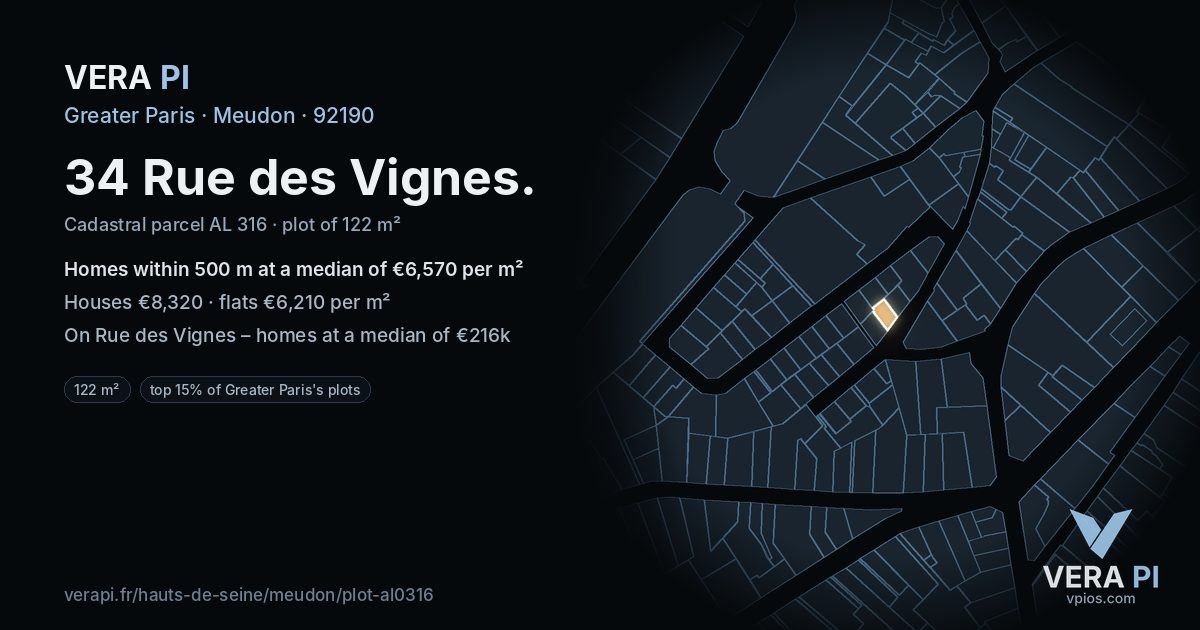 34 Rue des Vignes, Meudon at night – the plot lit, the parcels around coloured by the prices near them