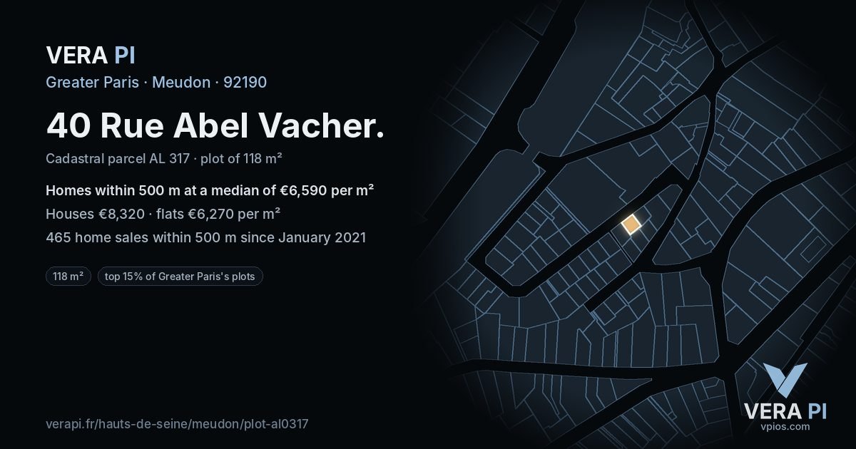 40 Rue Abel Vacher, Meudon at night – the plot lit, the parcels around coloured by the prices near them