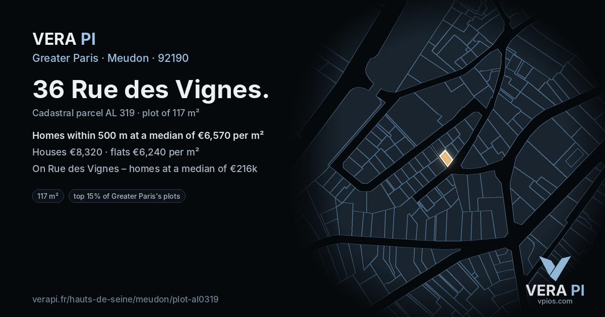 36 Rue des Vignes, Meudon at night – the plot lit, the parcels around coloured by the prices near them