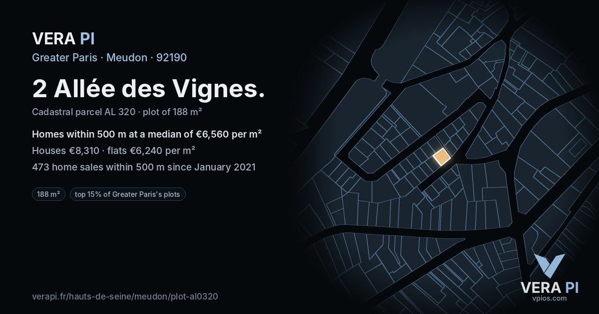 2 Allée des Vignes, Meudon at night – the plot lit, the parcels around coloured by the prices near them