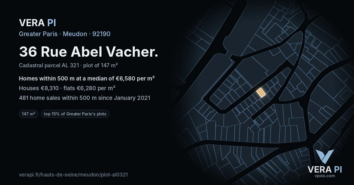 36 Rue Abel Vacher, Meudon at night – the plot lit, the parcels around coloured by the prices near them