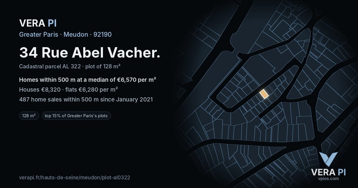 34 Rue Abel Vacher, Meudon at night – the plot lit, the parcels around coloured by the prices near them