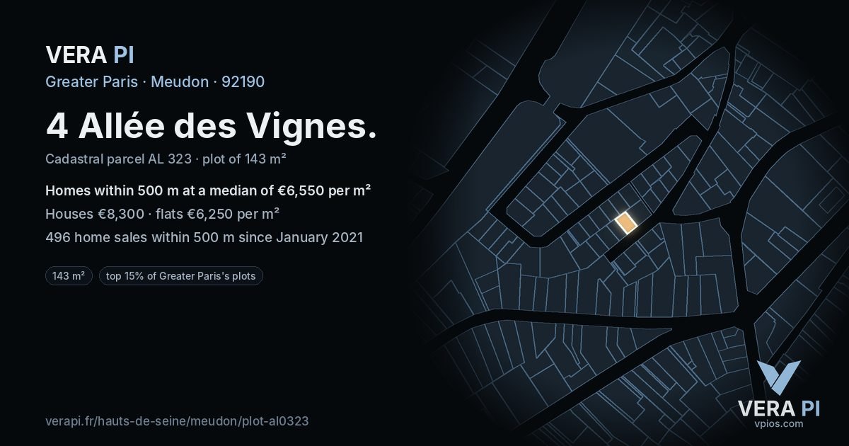 4 Allée des Vignes, Meudon at night – the plot lit, the parcels around coloured by the prices near them
