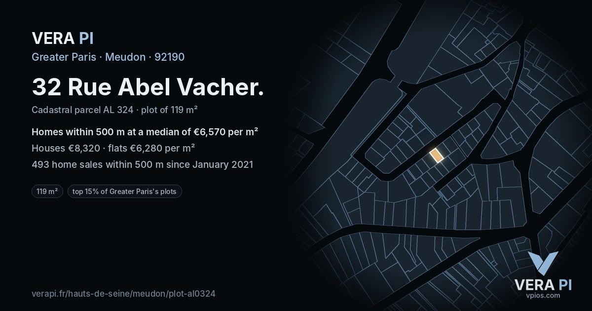 32 Rue Abel Vacher, Meudon at night – the plot lit, the parcels around coloured by the prices near them