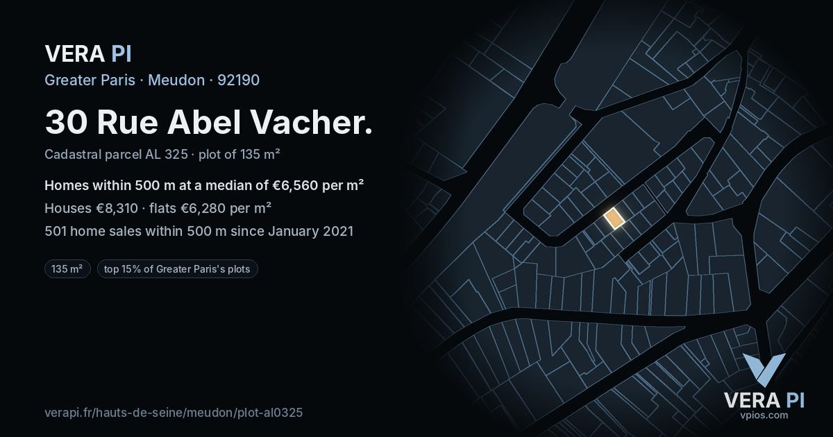 30 Rue Abel Vacher, Meudon at night – the plot lit, the parcels around coloured by the prices near them