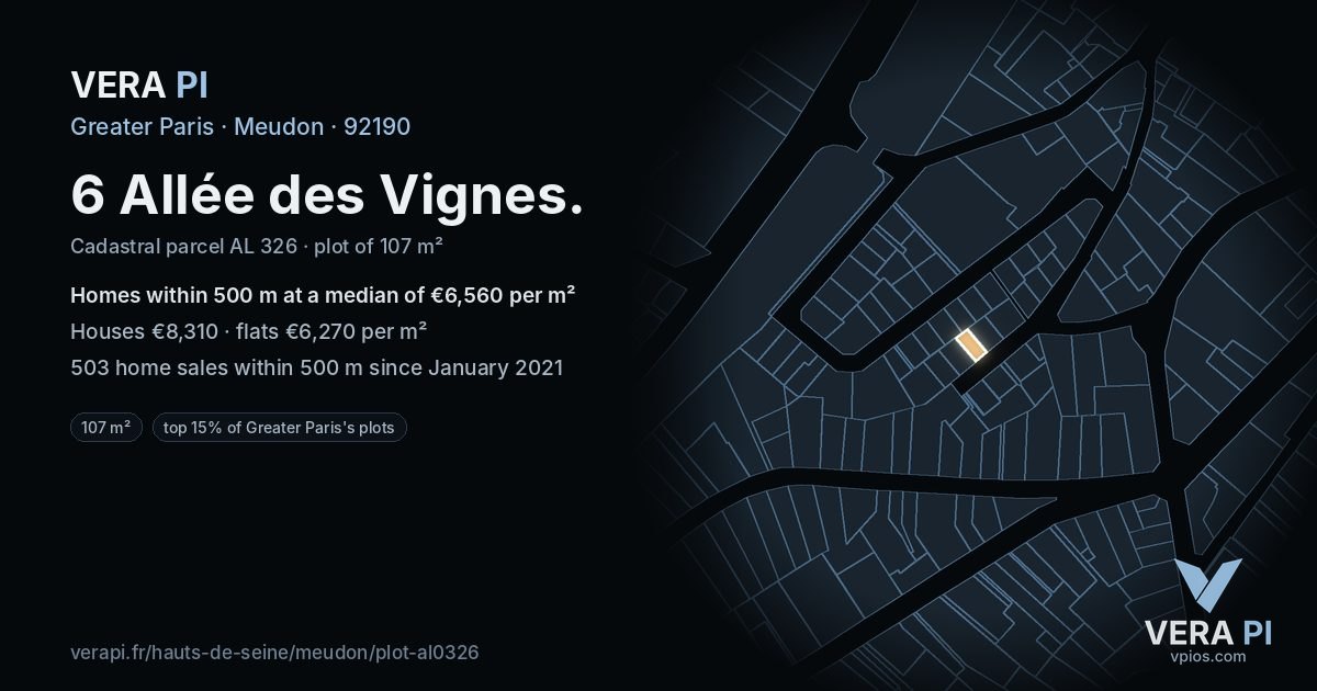 6 Allée des Vignes, Meudon at night – the plot lit, the parcels around coloured by the prices near them
