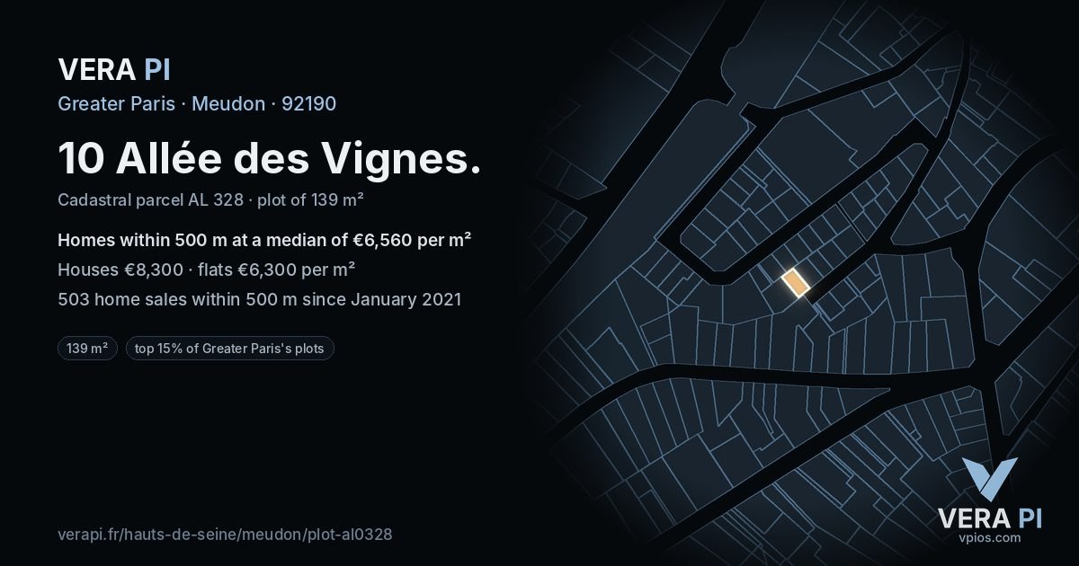 10 Allée des Vignes, Meudon at night – the plot lit, the parcels around coloured by the prices near them