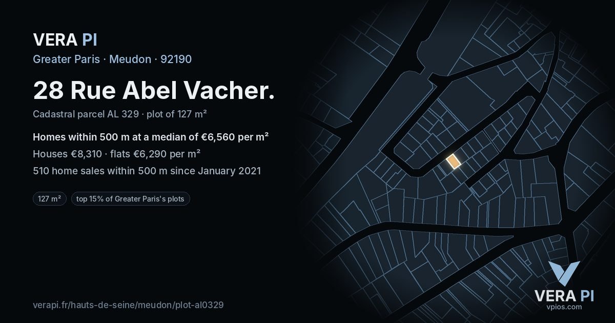 28 Rue Abel Vacher, Meudon at night – the plot lit, the parcels around coloured by the prices near them