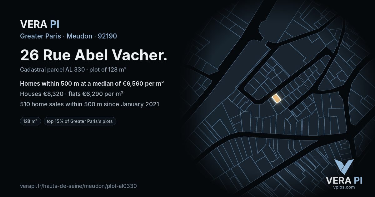 26 Rue Abel Vacher, Meudon at night – the plot lit, the parcels around coloured by the prices near them