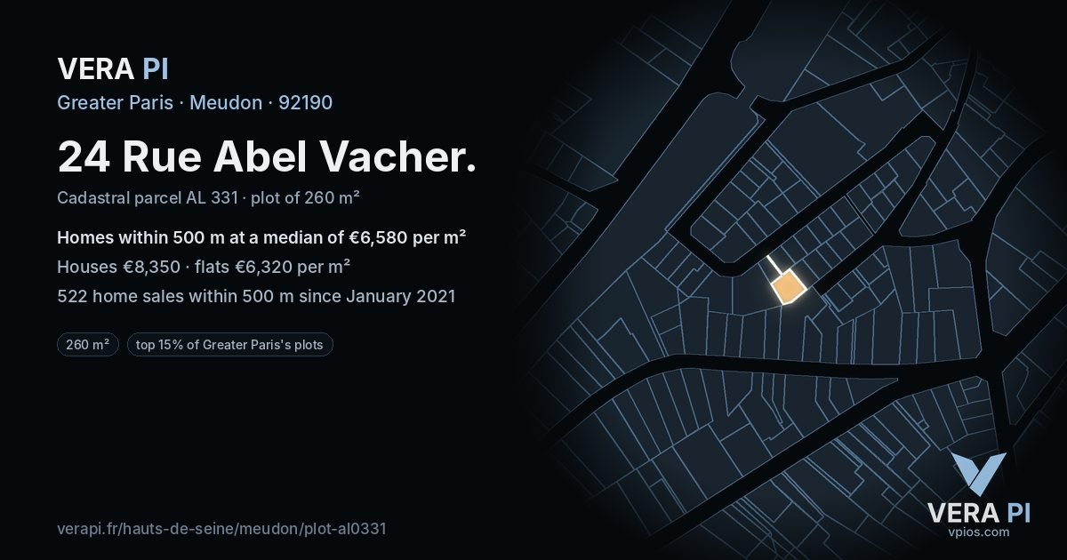 24 Rue Abel Vacher, Meudon at night – the plot lit, the parcels around coloured by the prices near them