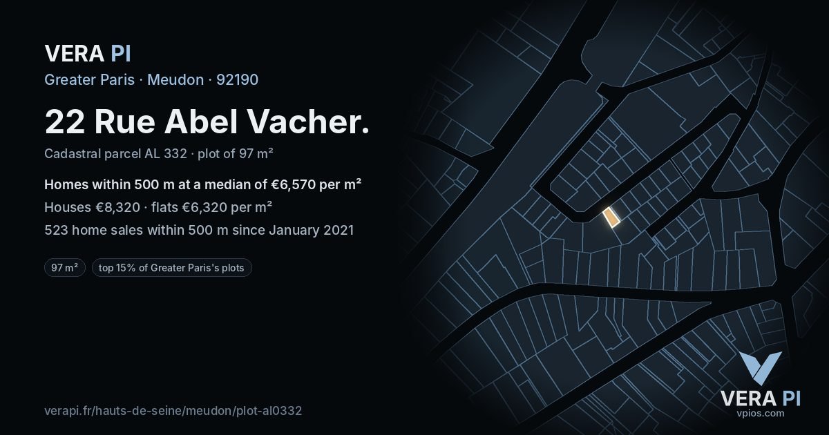22 Rue Abel Vacher, Meudon at night – the plot lit, the parcels around coloured by the prices near them