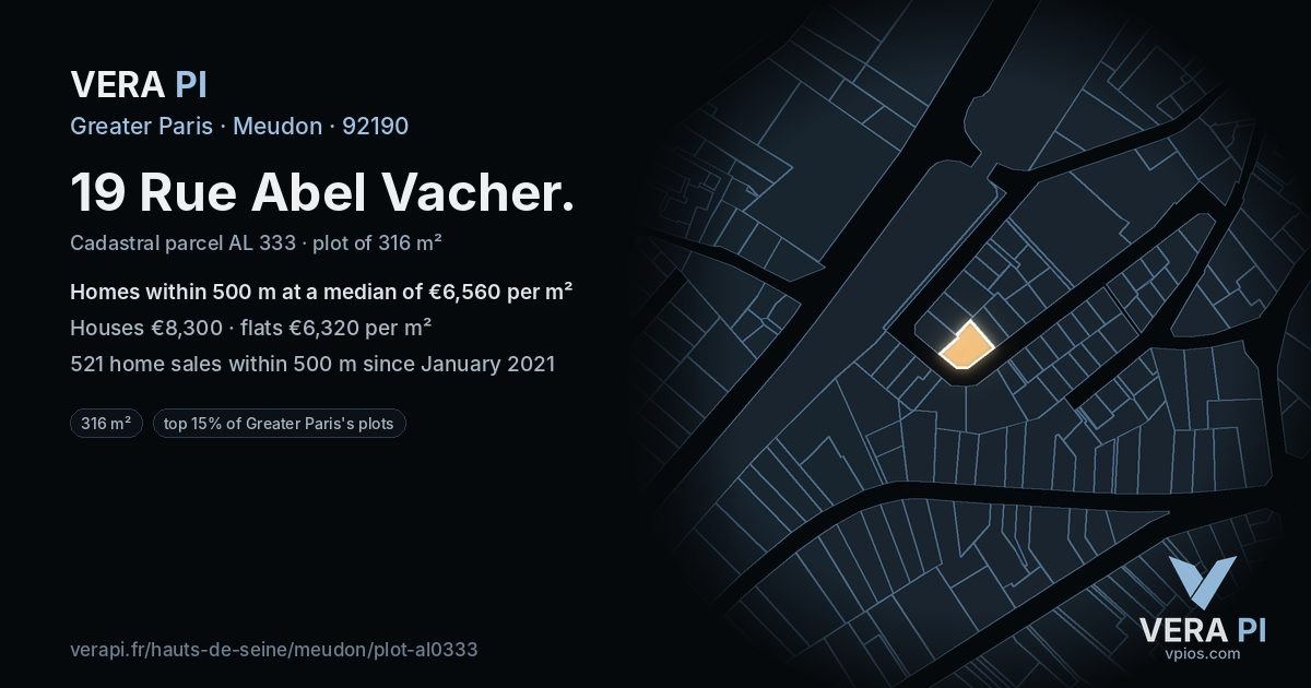 19 Rue Abel Vacher, Meudon at night – the plot lit, the parcels around coloured by the prices near them